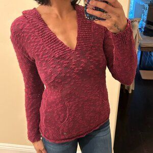 Roxy Knit Hoodie Sweater Womens Small Burgundy Boho Pullover Front Pocket